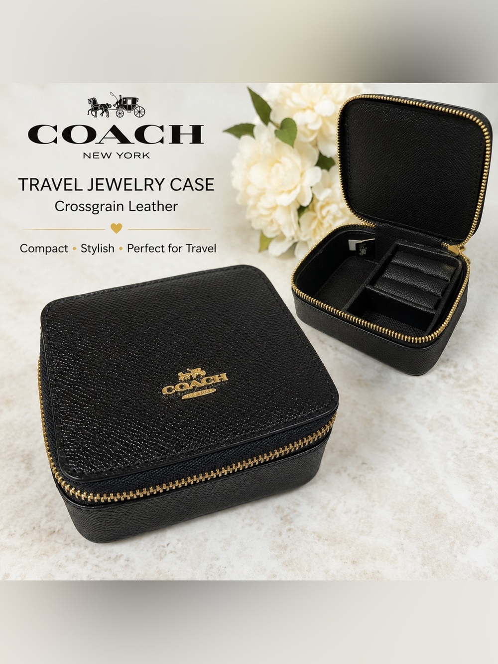 Coach Black Crossgrain Leather Travel Jewelry Case Zip Box Gold Hardware